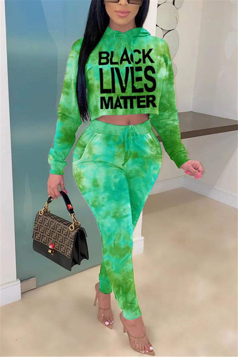 Green Fashion Casual adult Ma'am Patchwork Print Two Piece Suits pencil Long Sleeve Two Pieces | EGEMISS