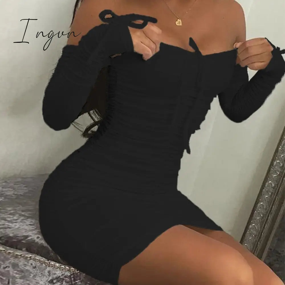 Ingvn - Summer New Sexy Off Shoulder Long Sleeve Pleated Lace Up Tight Mini Short Women’s Dress