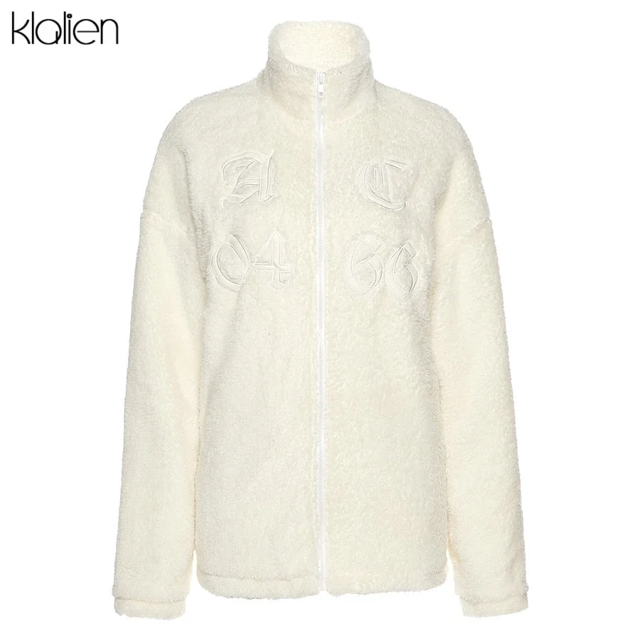 KLALIEN Autumn Winter Fashion Thicken Fashion Simple Solid White Casual Loose Women Coat New Korean Office Lady Jacket Hot Sale