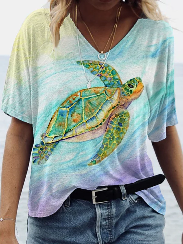 Women's Water Color Sea Turtle Print V-Neck Tee