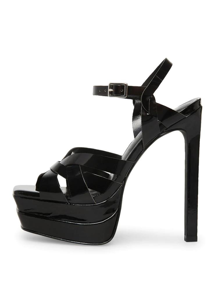 Black Shiny Square Toe Buckle Double Platform Stiletto Heel Sandals