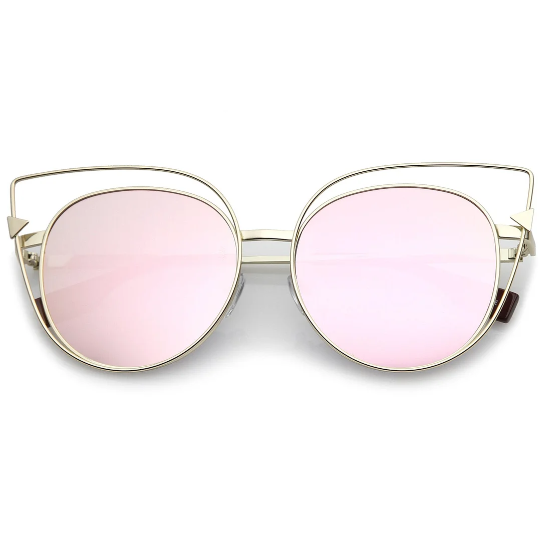 Oversize Metal Cutout Frame Arrow Accent Pink Mirror Flat Lens Cat Eye glasses 57mm