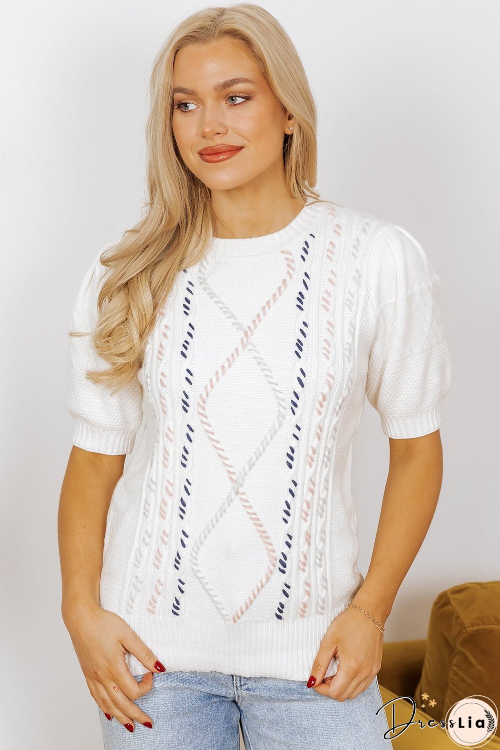 White Multicolor Stitch Detail Cable Knit Short Sleeve Sweater