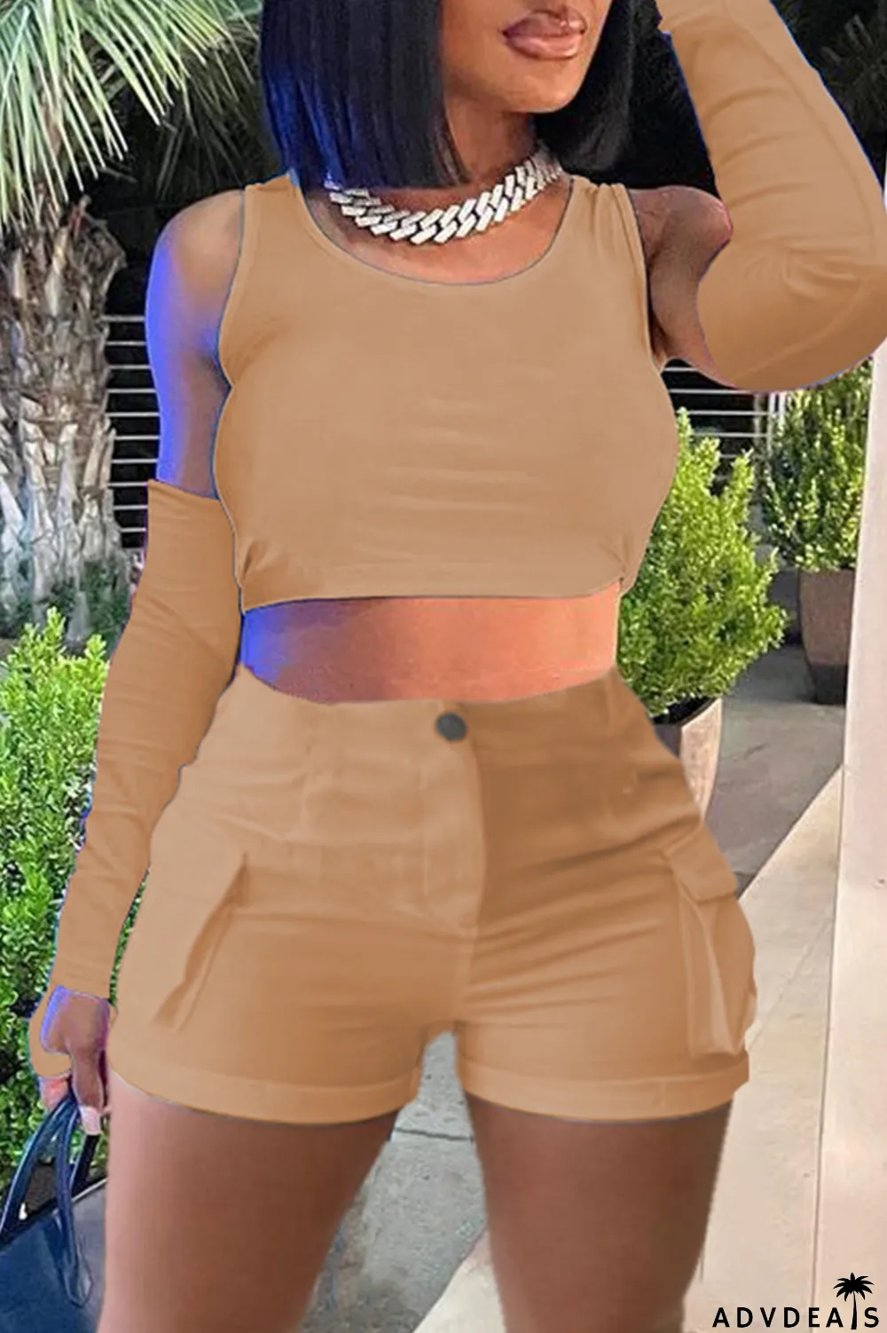 Khaki Casual Solid Basic O Neck Four Piece Set (With Sleeves)