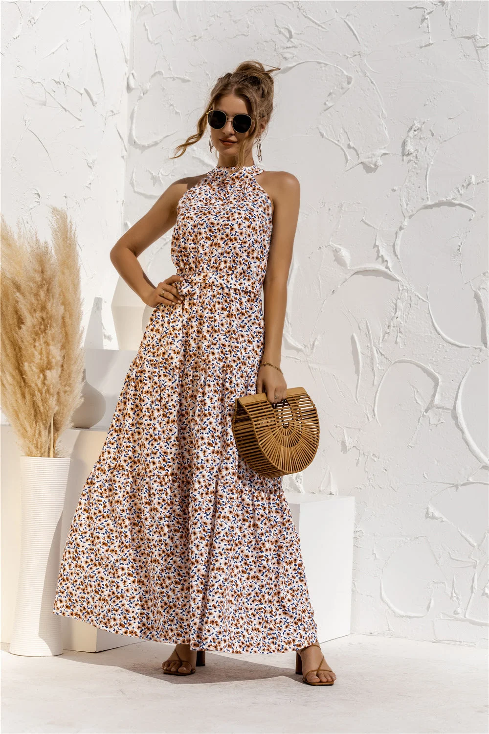 Brownm Dot Printed Lace Up Halter Tied Long Dress