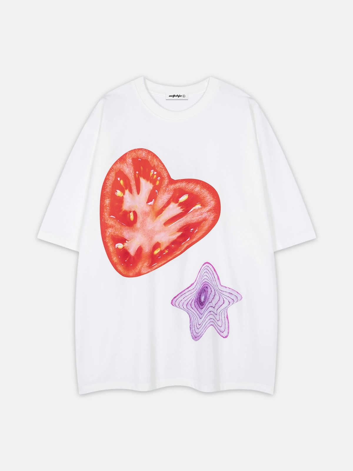 White Act Chic Heart Tomato Star Onion Print Tee Front