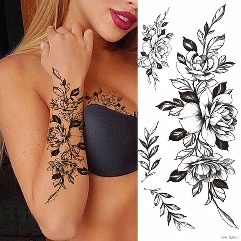 Black Flower Temporary Tattoos Sticker Arm Sleeve Rose Moon Butterfly Snake Henna Body Decorate Realistic Fake 3D Women Totem