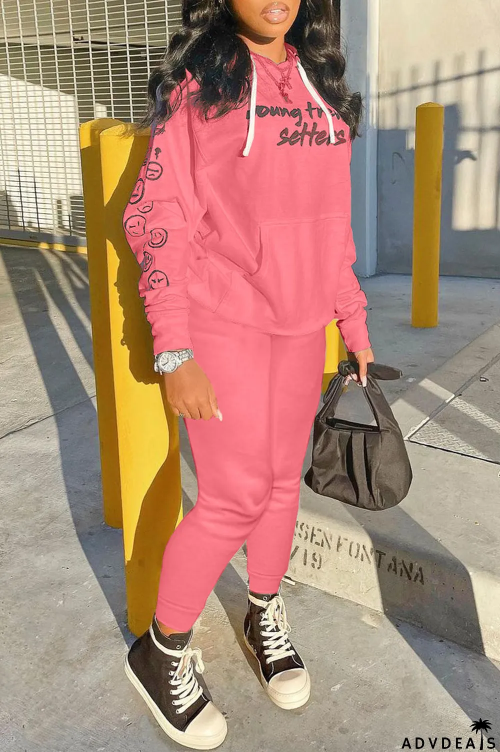 Grey Fashion Sportswear Print Split Joint Hooded Collar Long Sleeve Two Pieces