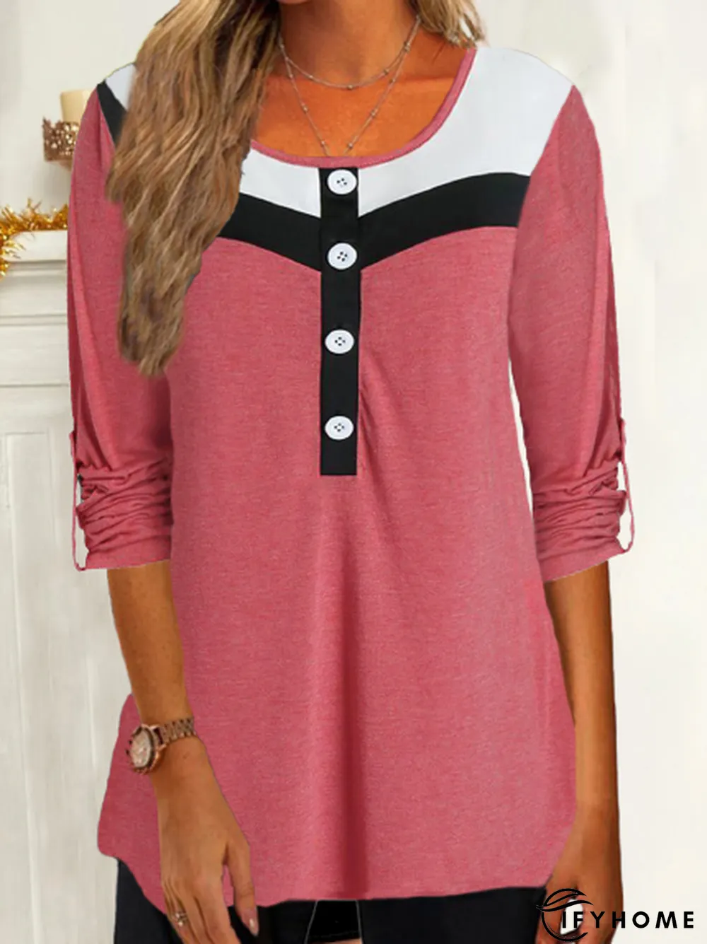 Crew Neck Buckle Color Block Casual tunic T-Shirt | IFYHOME