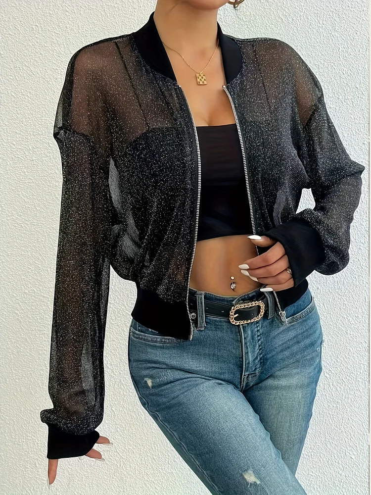 Women's Lightweight Semi-Sheer Bomber Jacket - Zip-Up Coat, Baseball Collar & Flap Sleeves, All-Season Layering For Beach, Party, Everyday - Sexy Special Line Casual Outerwear, Party Accessory