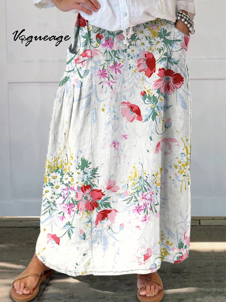 Simple Bright Plants And Flowers Printed Women's Casual Cotton And Linen Skirt