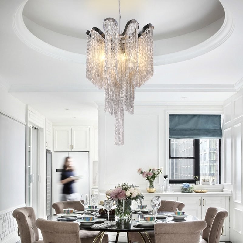 Modern Silver Tassel Aluminum Chain Chandelier  for Living Dining room home deco