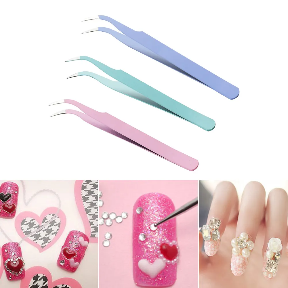 3pcs Macaron Stainless Steel Straight Elbow Pointed Drill Tweezers