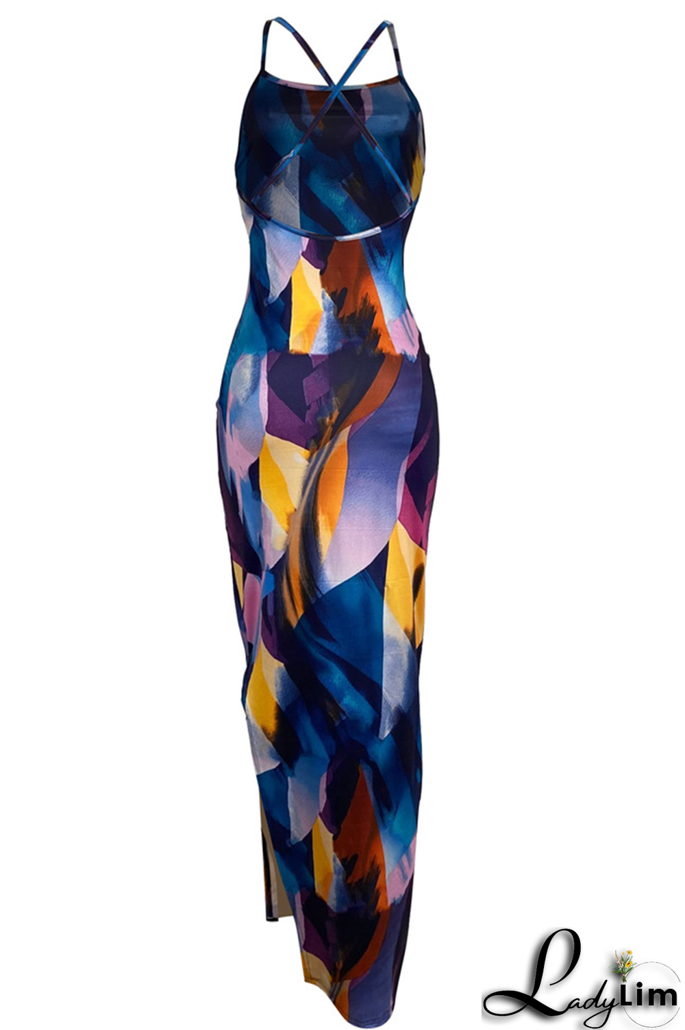 Blue Purple Sexy Print Split Joint Spaghetti Strap Pencil Skirt Dresses