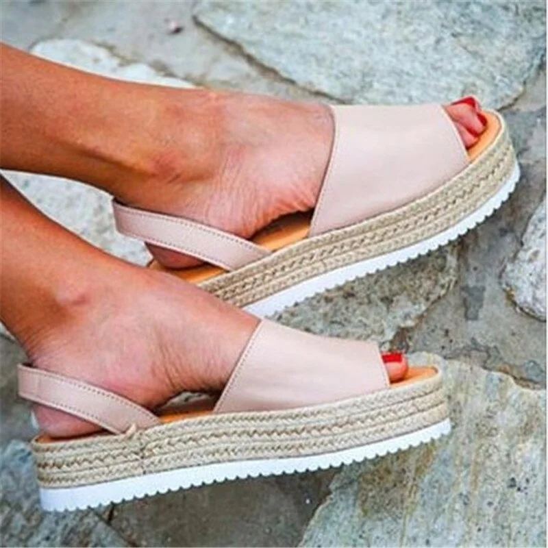Women's Sandals Summer Shoes Female Thick Bottom Hemp Platform Heel Sandals PU Leather Back Strap Casual Ladies Flat Shoes 2021