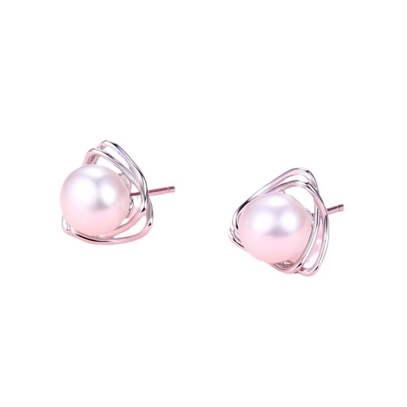 1 Pair 925 Sterling Silver Pearl Geometric Ear Studs