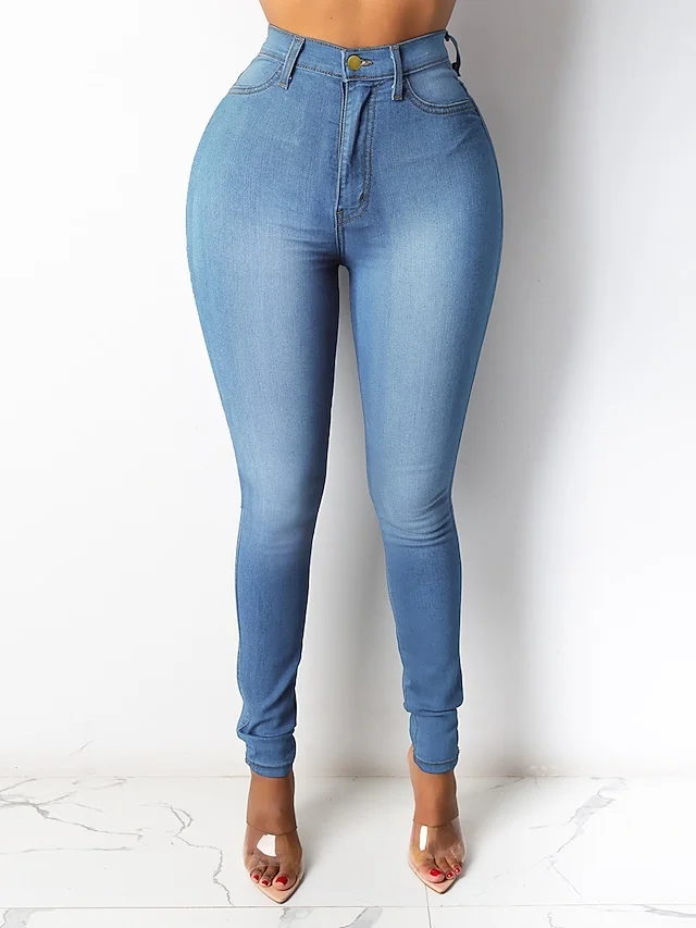 Women's Pants Trousers Jeans Denim Blue Dark Blue Light Blue Mid Waist Fashion Casual Weekend Side Pockets Micro-elastic Full Length Comfort Plain S M L XL XXL / Slim | IFYHOME