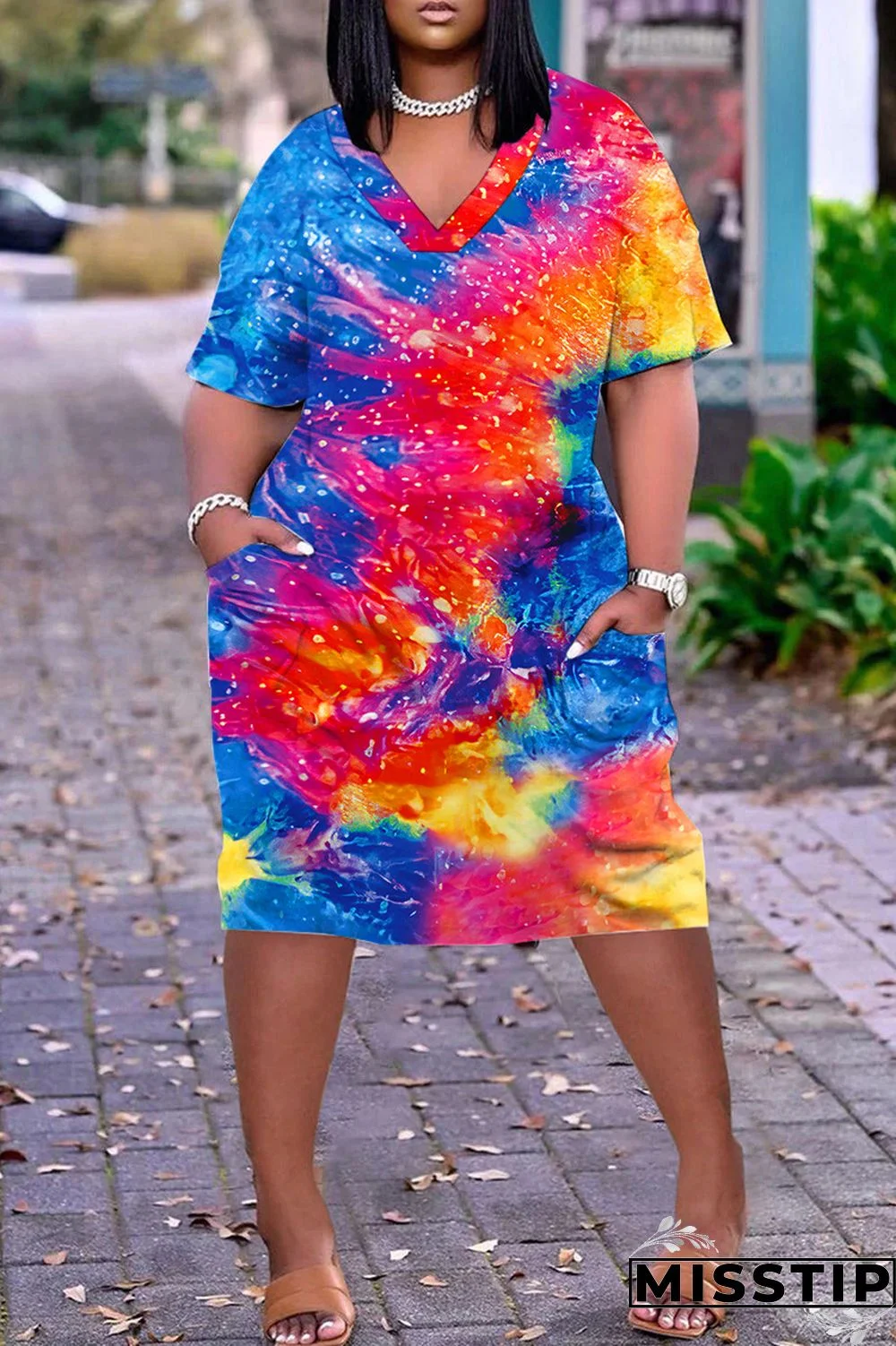 Coffee Casual Print Patchwork V Neck Short Sleeve Dress