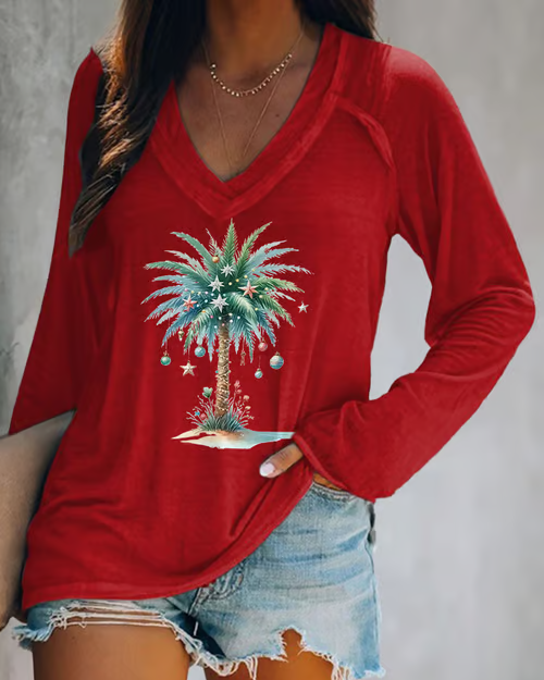 V-neck Christmas Palm Tree Print Long Sleeve T-shirt