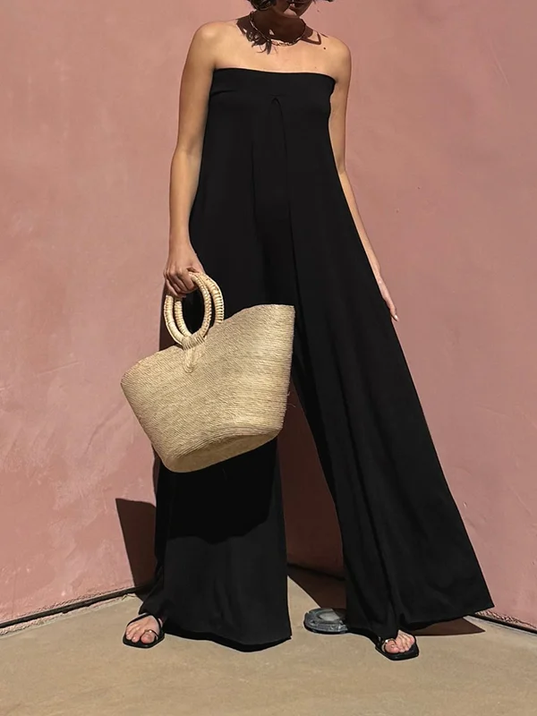 Solid Color Pleated Hollow Elasticity Wide Leg Sleeveless Tube Jumpsuits