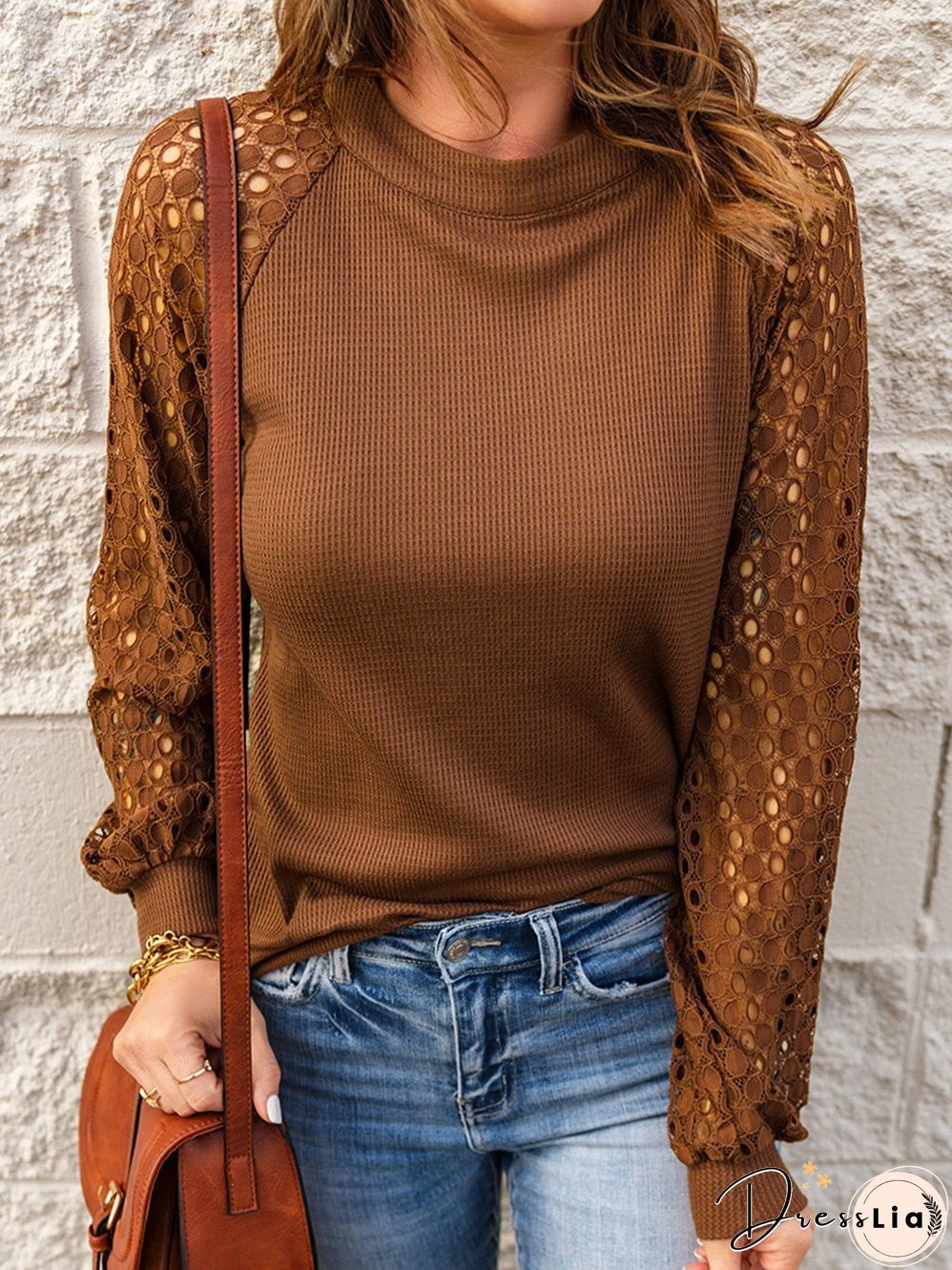 T-Shirts Crew Neck Lace Panel Hollow Long Sleeve T-Shirt for Women