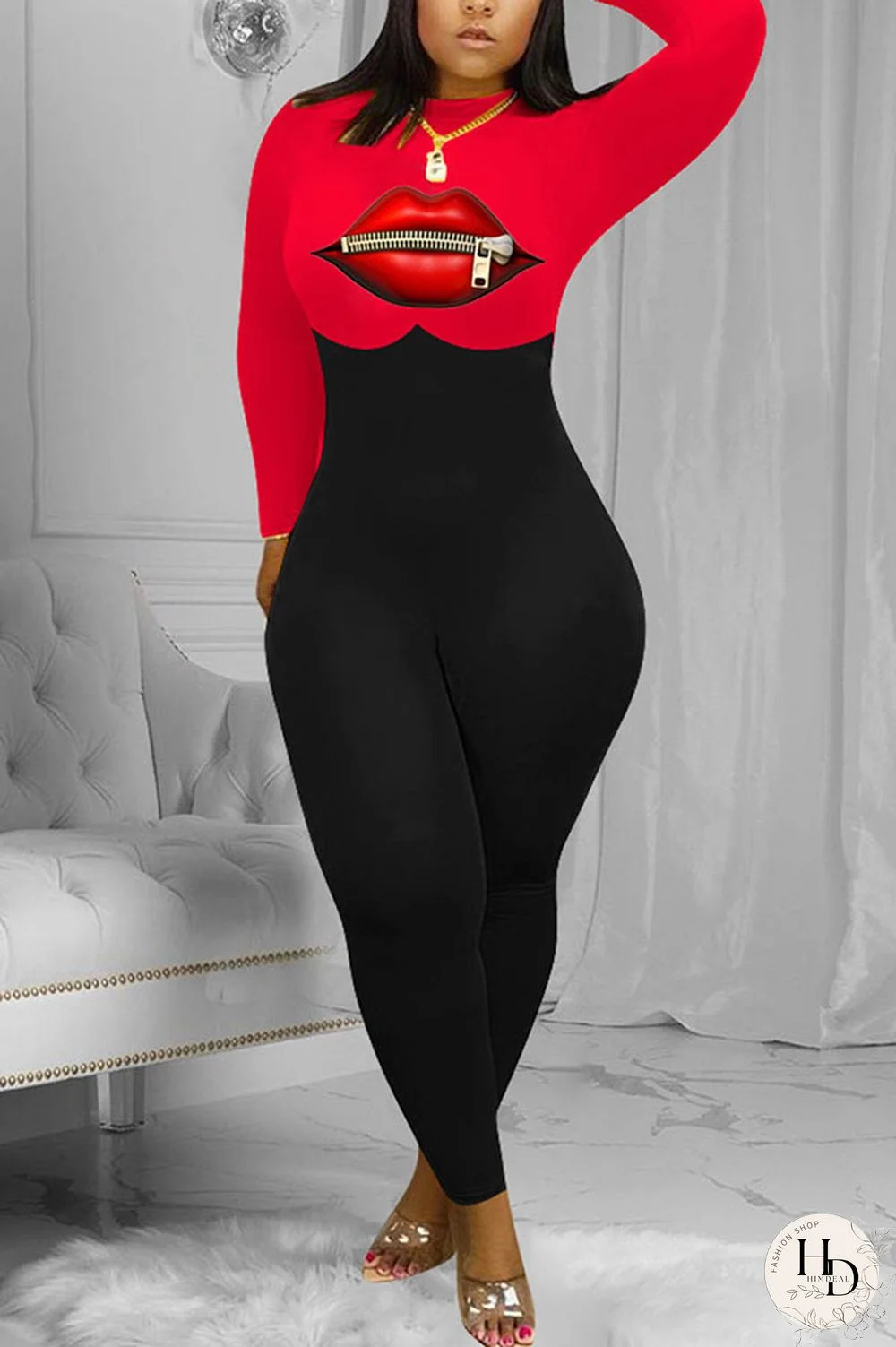 Red Fashion street Print Lip Milk. Long Sleeve O Neck Jumpsuits