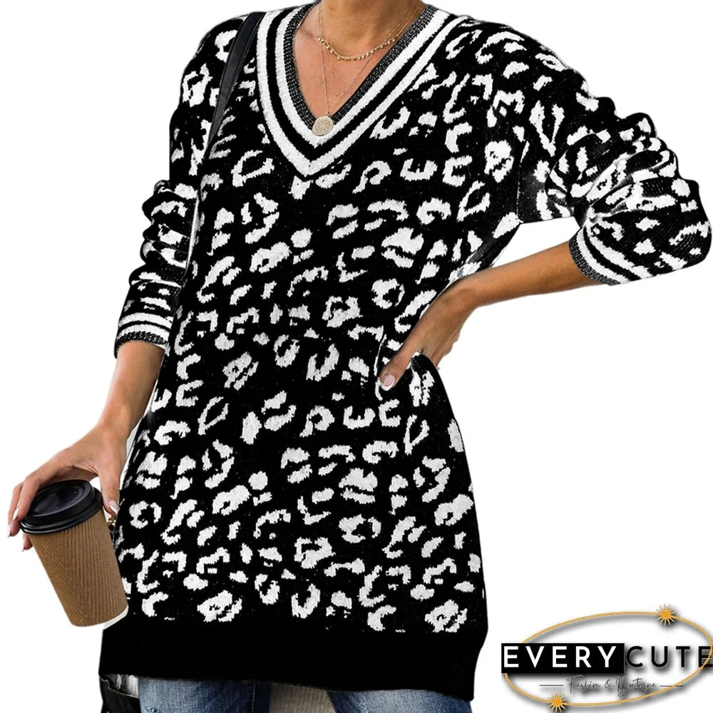 Black Leopard Print V Neck Pullover Sweater