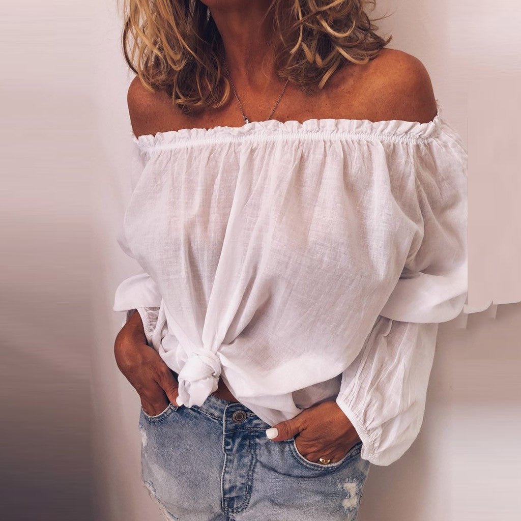 Elastic pleated  cotton and linen long-sleeved Off shoulder shirt