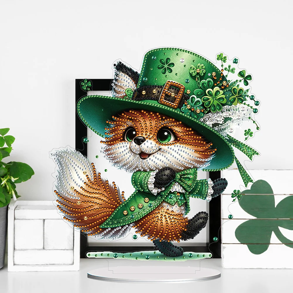 DIY Acrylic St. Patricks Day Fox Special Shape Diamond Painting Tabletop Ornament Creative Home Decor & Gift Idea for Adults - Relaxing Craft Activity