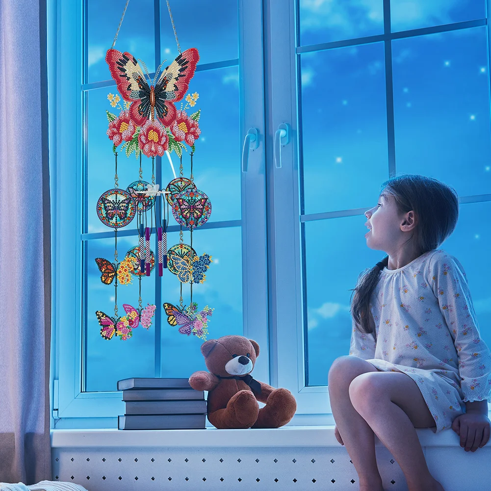 DIY Flower Butterfly Double Side Wind Chime Diamond Art Hanging Pendant for Home Decor