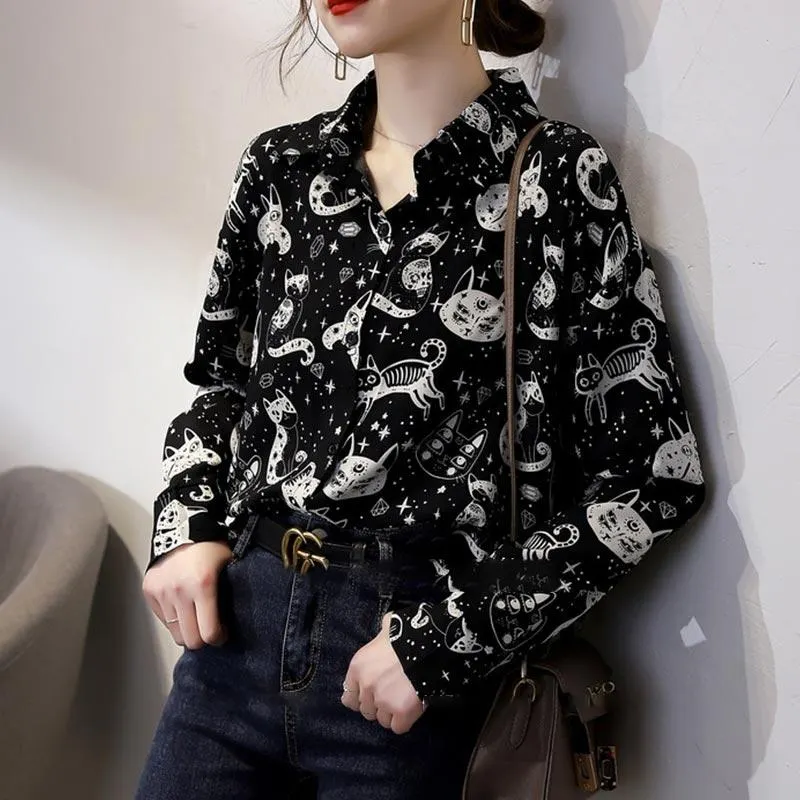Cute Kitten Print Long Sleeve Shirt