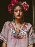 Day Of The Dead Pink Sugar Skull Floral Embroidered Linen Shirt