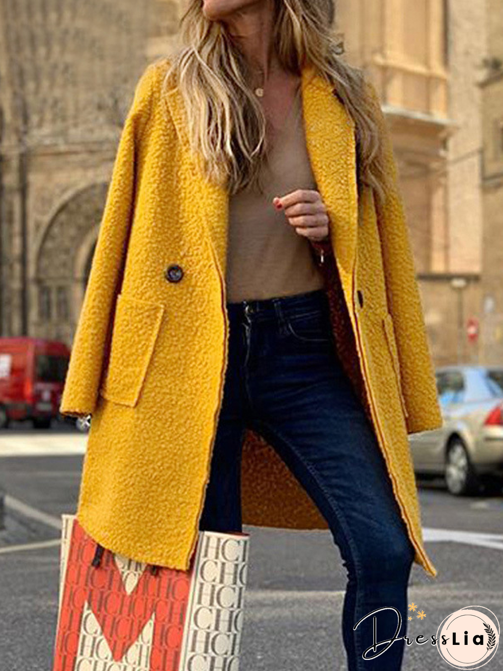 Yellow Fashion Women Temperament Mid-Long Coat