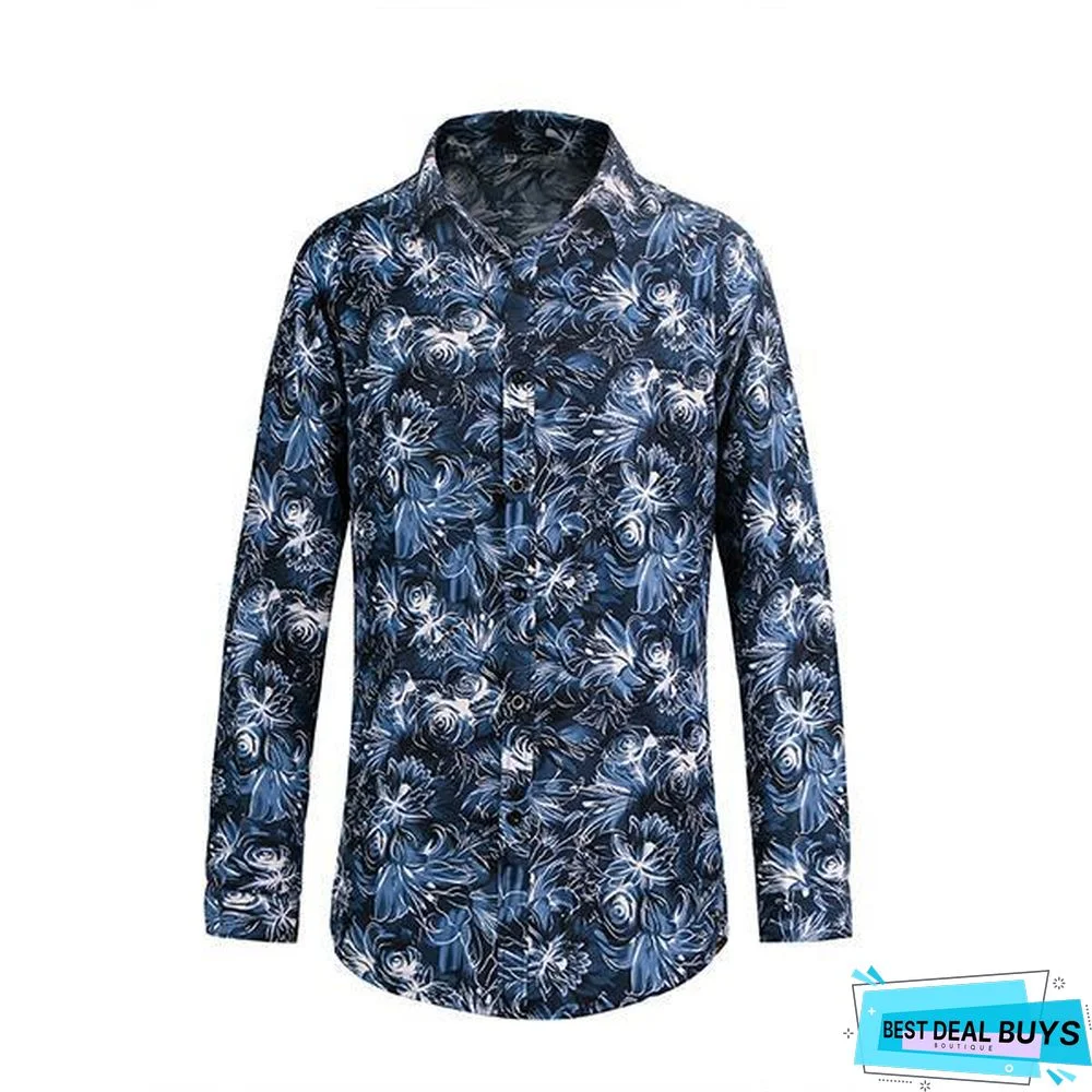 Men Casual Fashion Printed Long Sleeve Turndown Collar Shirts