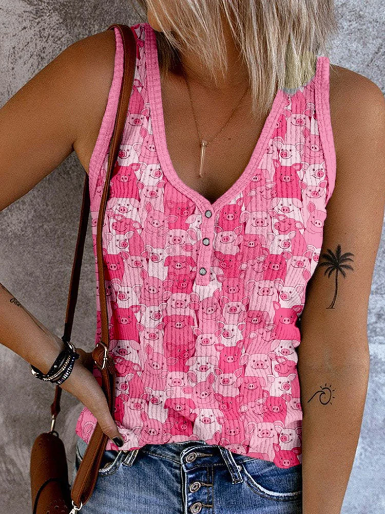 Pink Pig Crowded Pattern Button Up Tank Top