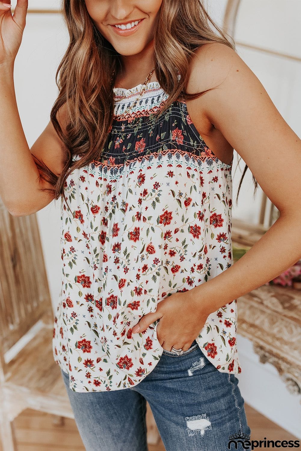 Smocked Frilled Boho Floral Print Halter Tank Top