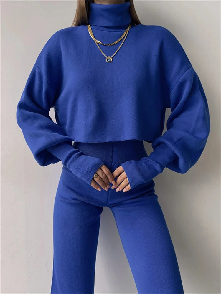 Huiketi Turtleneck Two Piece Outfits For Women Lantern Sleeve Cropped Top And Straight Leg Pants Sets Tracksuit Casual Outfits