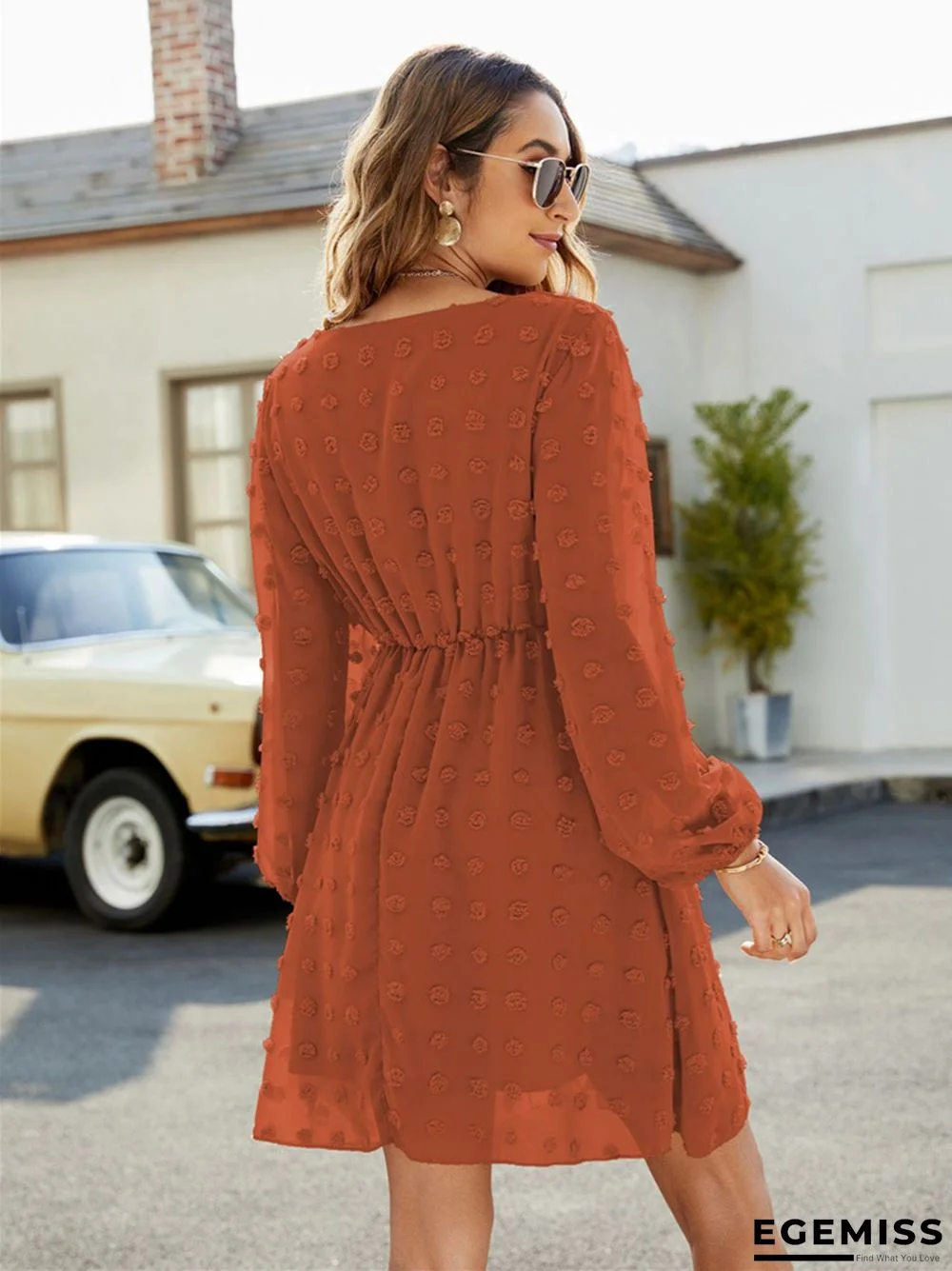 Dot A-line Skirt Ruffled V-neck Casual Loose Short Dress | EGEMISS