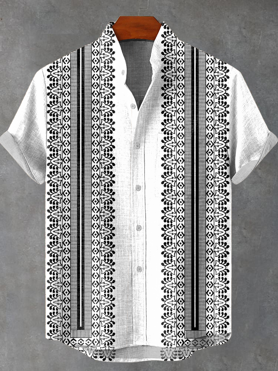 Vintage Abstract Ethnic Diamond Geometric Stripes Art Print Casual 100% Cotton Shirt