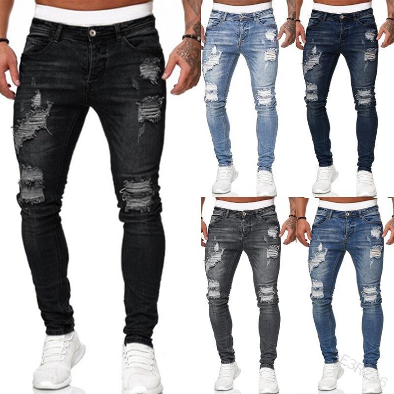 pantalones hombre Jeans Men Ripped Skinny Jeans Pencil Pants Motorcycle ...