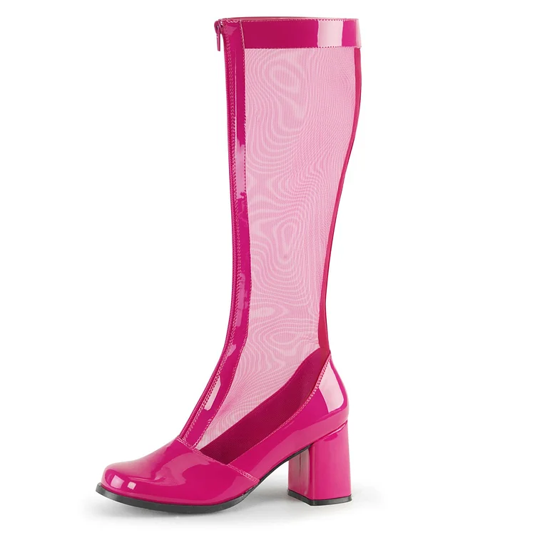 Pink Patent Leather Nets Block Heel Knee Boots |FSJ Shoes
