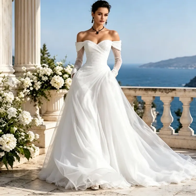 Elegant Off-Shoulder Wedding Dress for Women &ndash; Long Sleeve Ruched Bodice A-Line Bridal Gown with Flowing Train for Wedding Ceremony, Reception & Formal Events