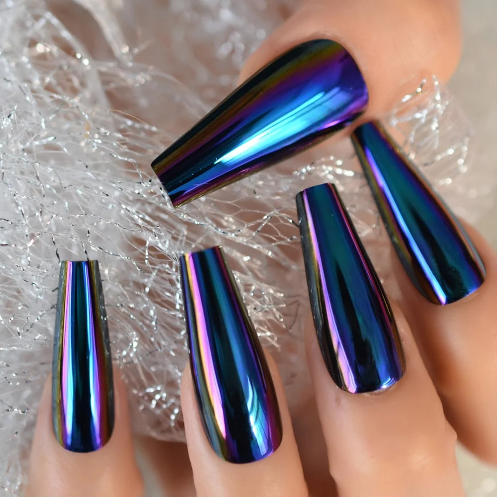 Holographic Electroplating Discoloration Reuseable Extra Long Nails Coffin Press On Dedachable Nails False Nails Tip EchiQ 24PCS