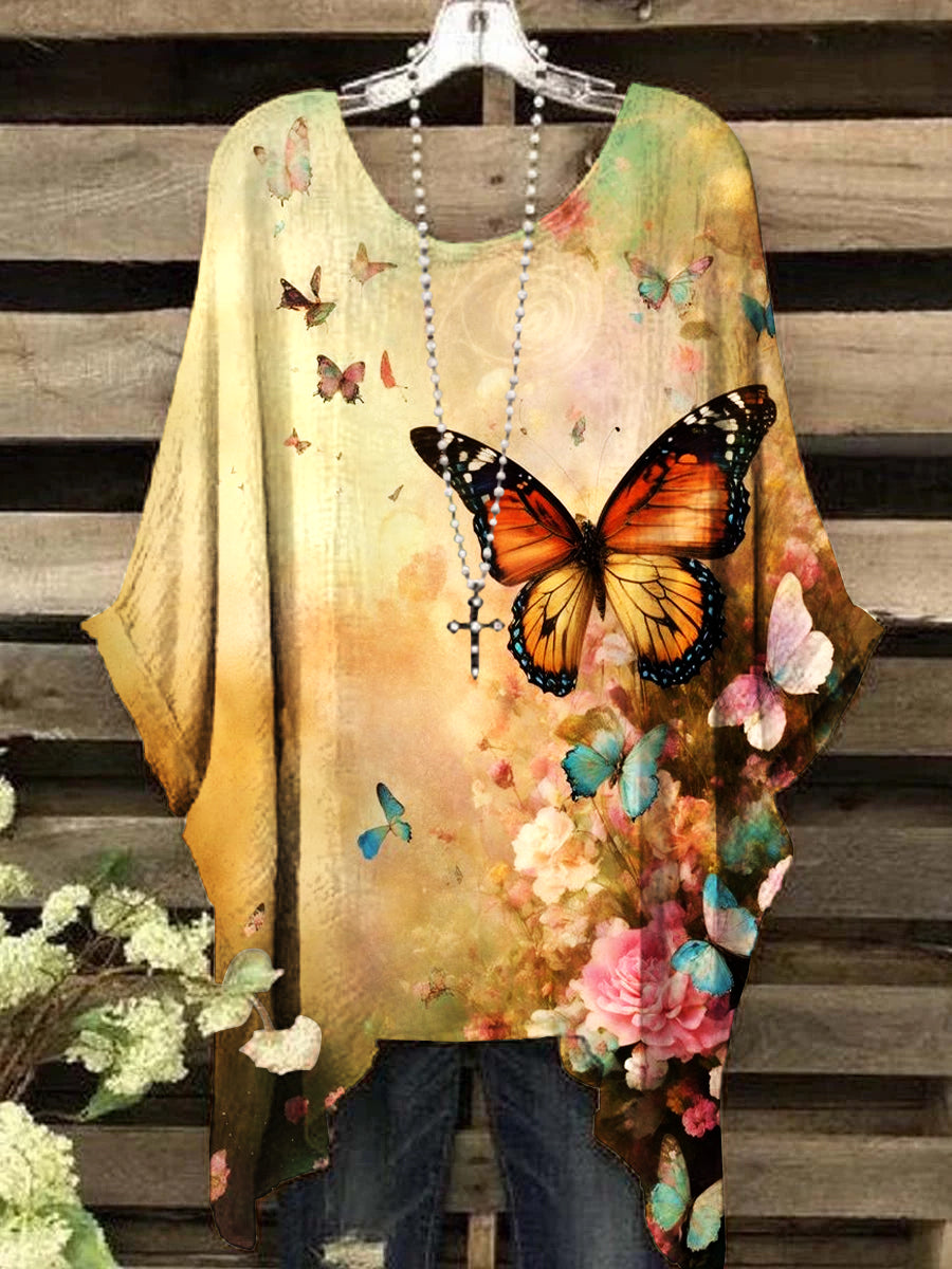Women's Round Neck Vintage Butterfly Pattern Top