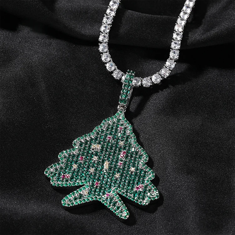 Hip Hop Copper Inlaid Zirconia Christmas Tree Pendant Necklace-VESSFUL