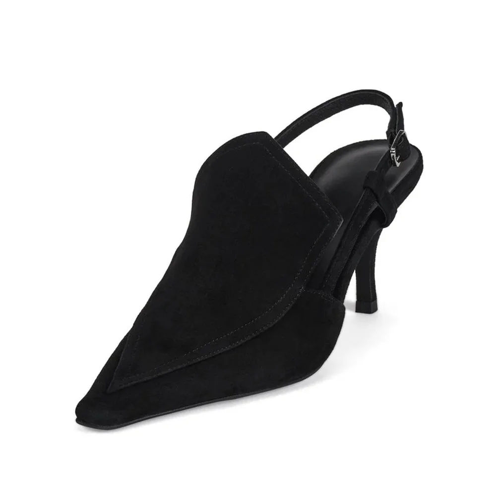 Ladies' Vegan Suede Pointed Toe Casual Black Slingback Heels
