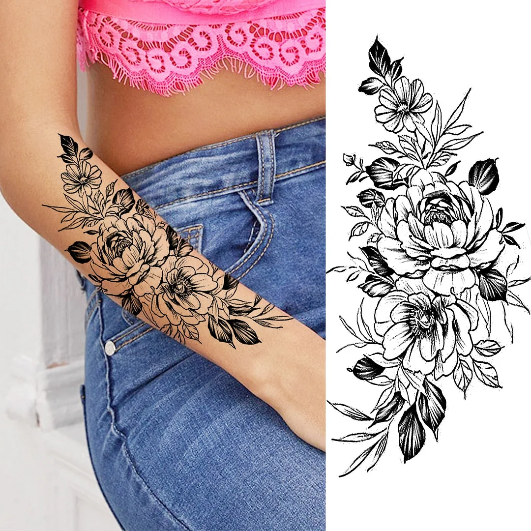 Black Lotus Pendant Temporary Tattoos For Women Adult Rose Flower Jewelry Fake Tattoo Fashion Calf Waterproof Half Sleeve Tatoos