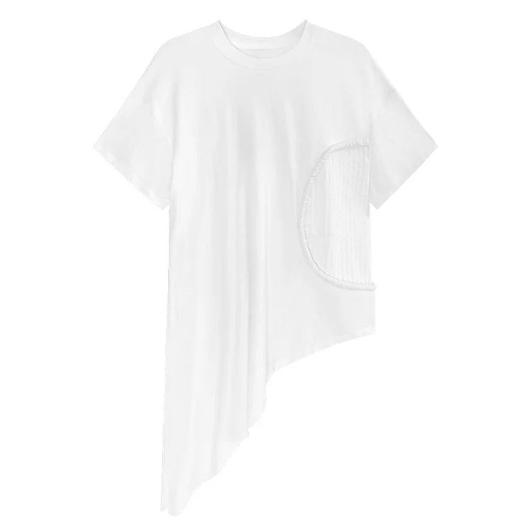 Fashion Loose Solid Color O-neck Patchwork Waist Asymmetrical Hem Short Sleeve T-Shirt      