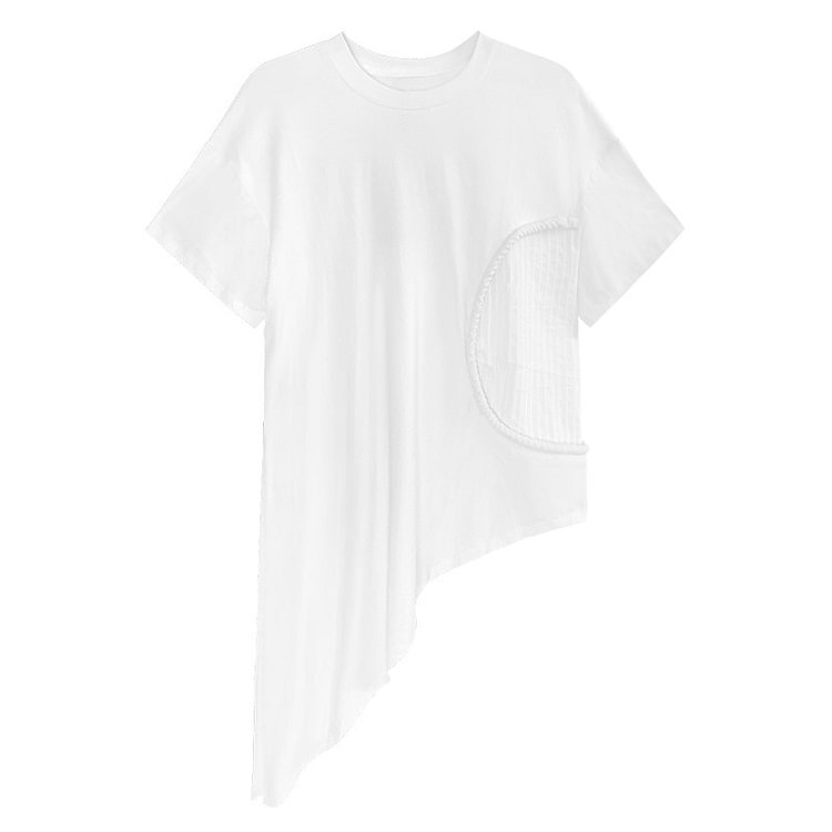 Fashion Loose Solid Color O-neck Patchwork Waist Asymmetrical Hem Short Sleeve T-Shirt      