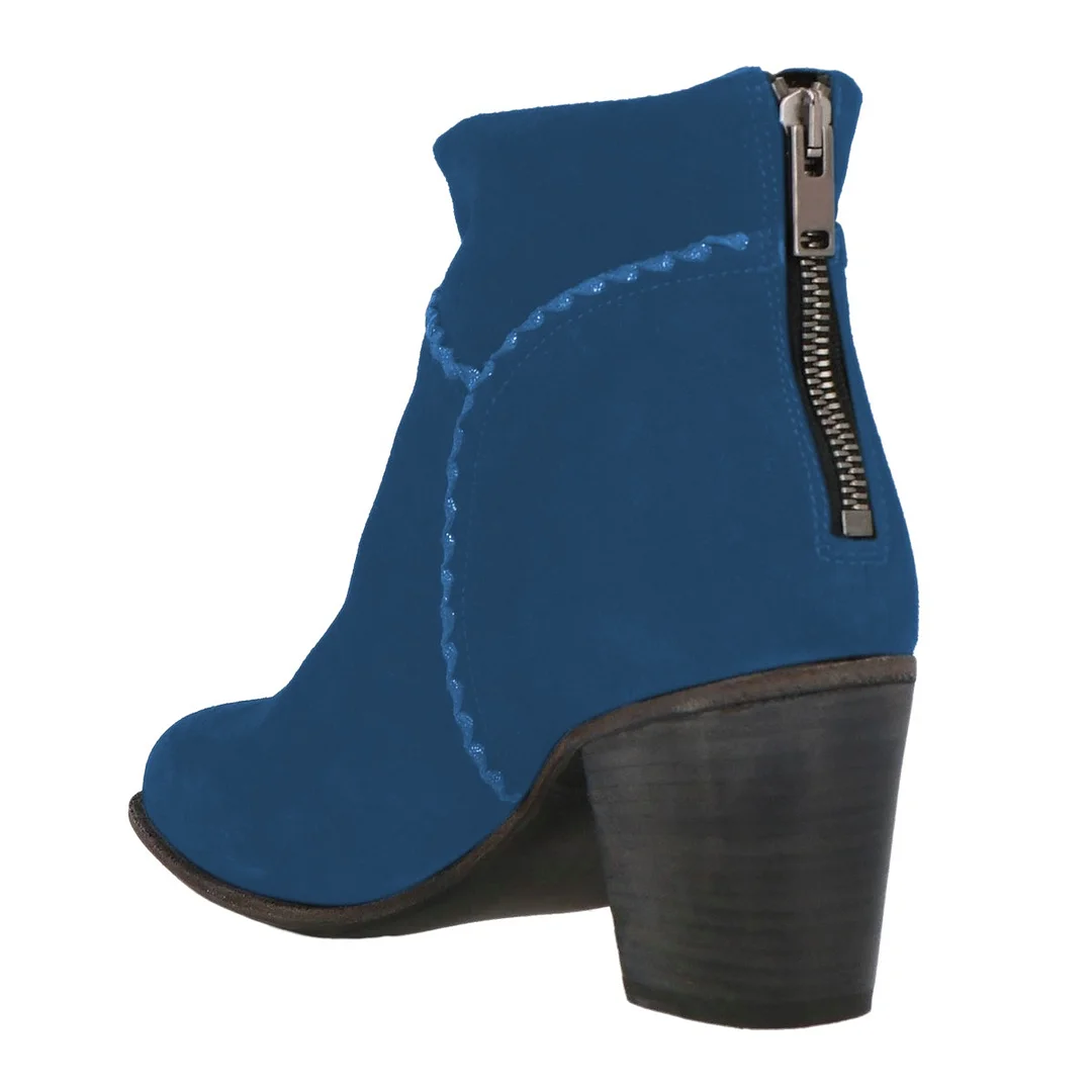 Blue Vegan Suede Round Toe Zipper Booties for Women with Stitching